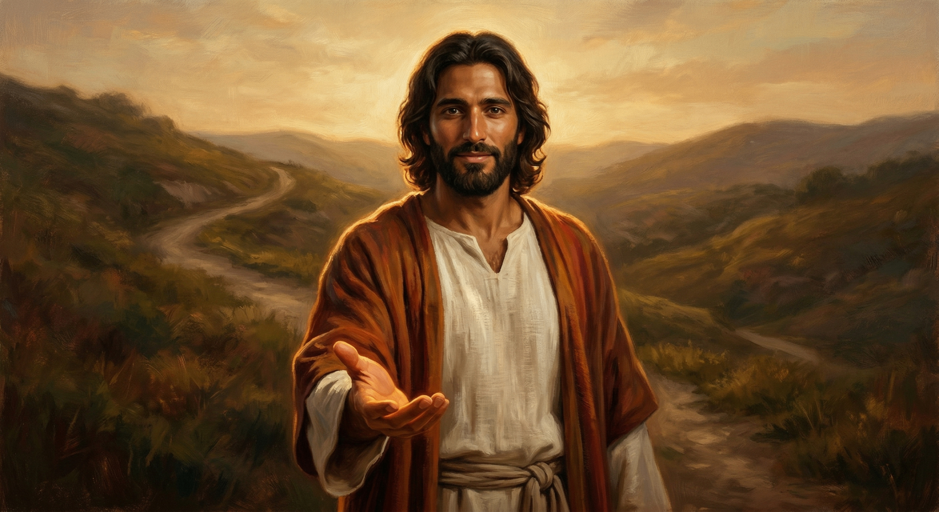 Oil painting of Jesus extending his hand in invitation, golden Galilean hillside, warm compassionate expression